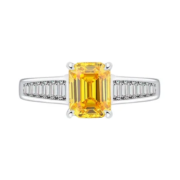  Spring Qiaoer 925 Sterling Silver 6MM Emerald Cut Lab Sapphire Citrine Gemstone Classic Fine Ring for Women Engagement Jewelry