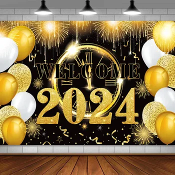  1VNT-NAUJIEJI METAI 2024 Juodo aukso baliono laikrodis Fejerverkai Naujųjų metų vakarėlio dekoravimas Fono audinys