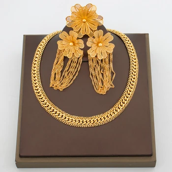  Dubajaus aukso spalvos papuošalų rinkinys moterims Prabangaus gėlių dizaino puokštės auskarai Grandinėlės vėrinys su žiedų rinkiniu sužadėtuvių vakarėliui