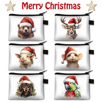  Kawaii Kalėdų gyvūnų spausdinimo monetų piniginės Kalėdų senelio kačių šuo Šiaurės elnių avių pinigų krepšys Maža piniginė Laikymo krepšiai Kortelės laikiklio dovana